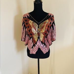 🤩1970’s RARE VINTAGE SEQUIN BUTTERFLY SHAWL/TOP